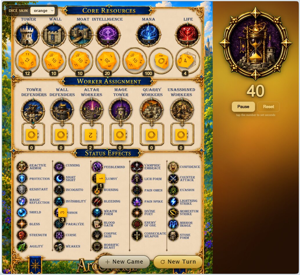 The ArcoMage companion app: a character sheet tracking core resources, worker assignment and status effects, beside an hourglass turn timer