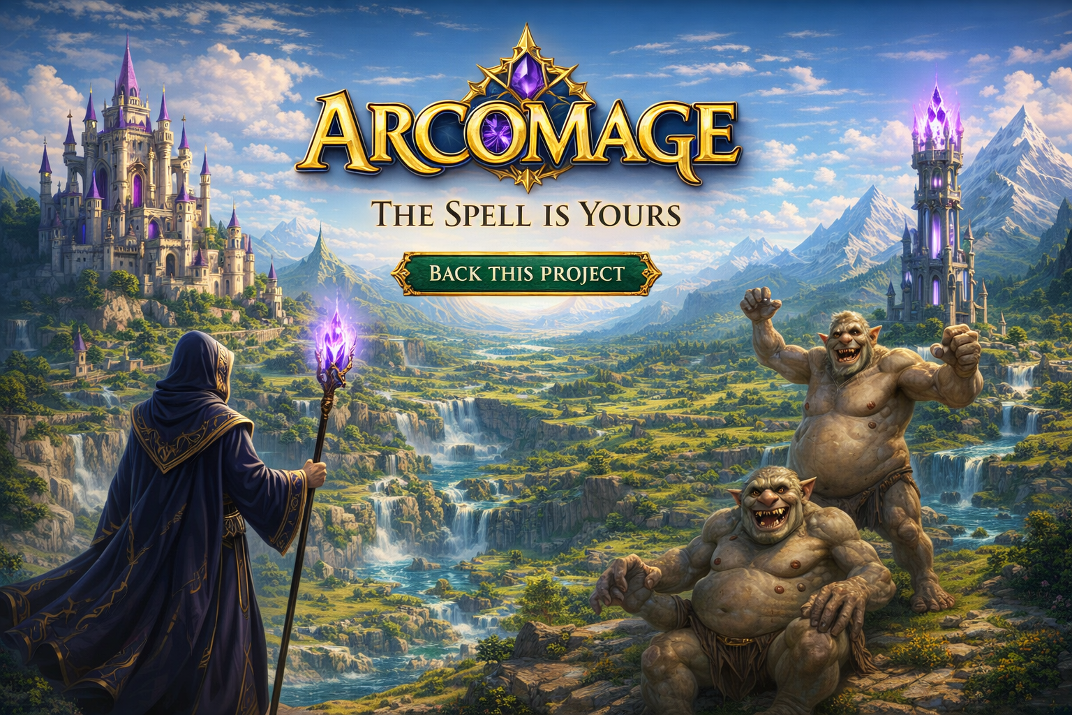 ArcoMage — The Spell Is Yours. A grand fantasy realm with a crystal-spired wizard castle on the left and mage tower on the right; a hooded wizard with a glowing staff lower-left and two trolls lower-right.