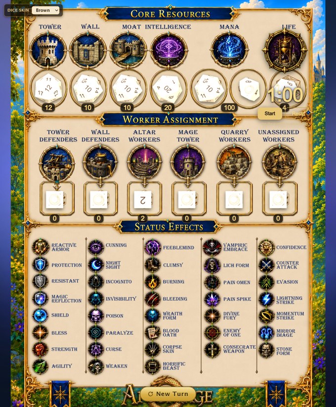 The ArcoMage digital character sheet - resource dice, worker assignment, status effects and turn timer