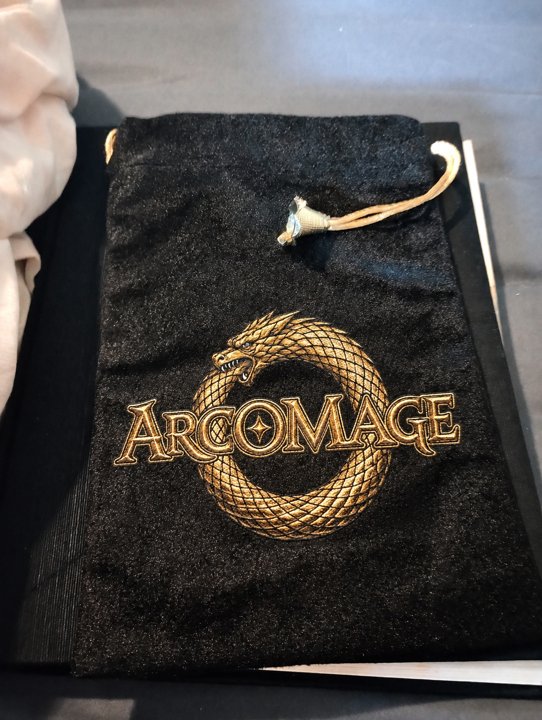 ArcoMage drawstring dice bag - black velvet with a gold ouroboros crest and gold cord