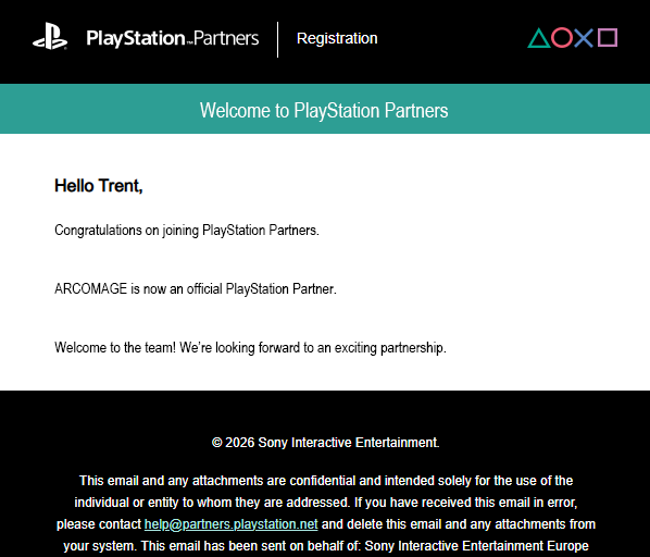 PlayStation Partners welcome email confirming ArcoMage is an official PlayStation Partner